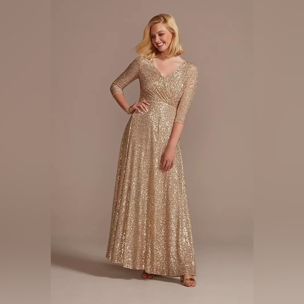 Oleg Cassini David's Bridal Women Gold Sequin Maxi Dress Gown Wedding Formal